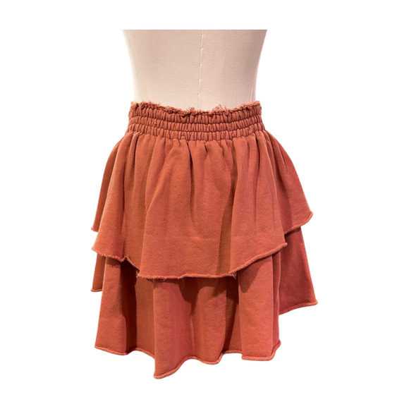 Aerie Weekend Ruffle Orange Rust Tiered Mini Sweat Skirt Medium Raw Edge - Picture 5 of 7